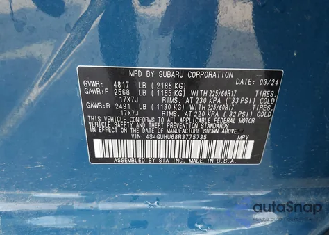 2024 Subaru Crosstrek Wilderness z USA, uszkodzony, nr VIN 4S4GUHU68R3775735